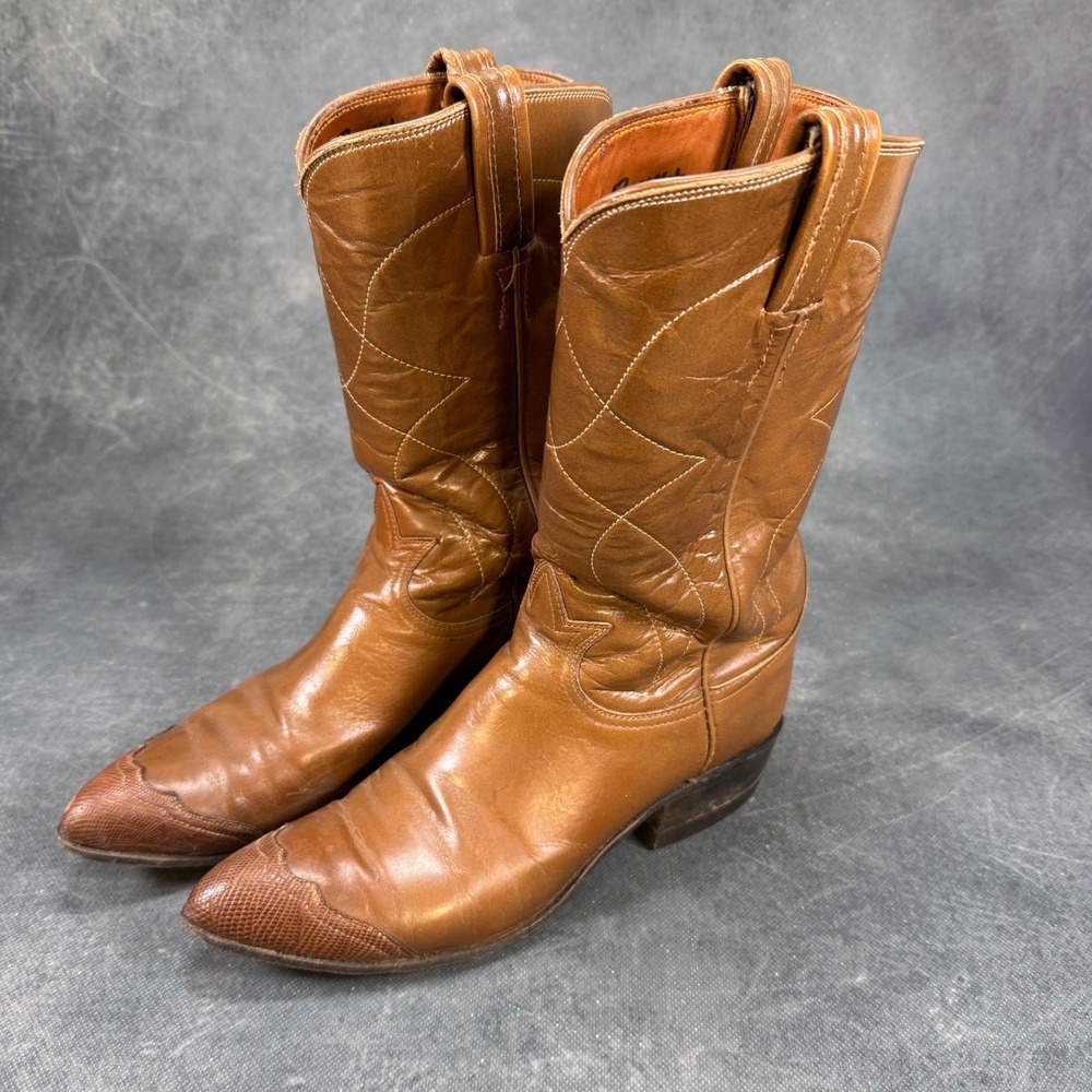 Tony Lama Vintage Western Cowboy Boots Diamond Stitching Pointed Toe Leather
